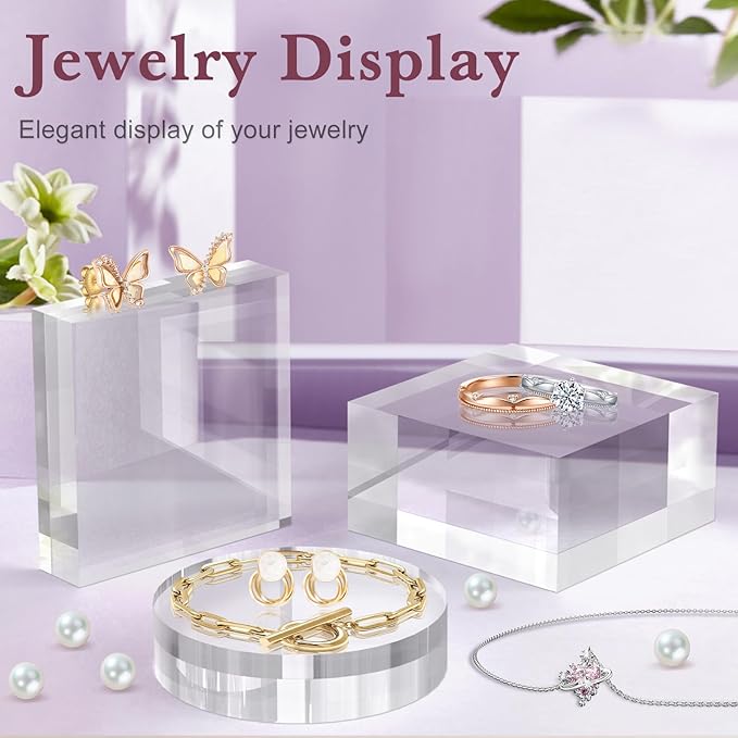 Acrylic Base Stand 4 Pieces Acrylic Blocks for Display 4 X 4 X 1 Inch Clear Polished Block Square Cube Riser Display Pedestal Stands for Jewelry Perfume Ring Collection Props Cake