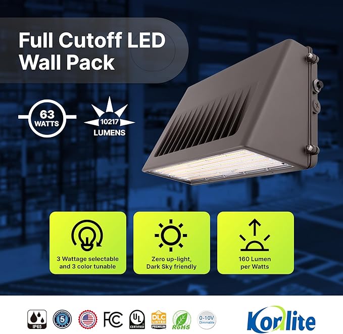 Konlite - 63W/45W/30W Full-Cutoff LED Wall Pack Lights, Selectable Wattage & CCT (5000K/4000K/3000K), LED Wall Light, Energy Efficient, Durable, Outdoor Commercial Wall Pack Light, 9797LM