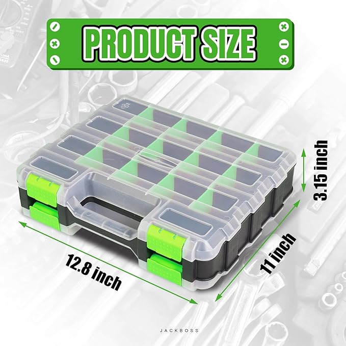 Tool Box with Transparent Lid, Double Side 34-Compartments Organizer Box with Removable Dividers for Hardware, Screws, Bolts, Nails, Beads, Jewelry and Fishing Accessories, Green, 1 Pack