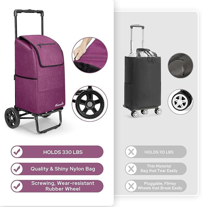 KEDSUM 2 in 1 Shopping Cart for Groceries, 330 lbs Grocery Cart on Wheels, Foldable Utility Carts with Wheels, Load-Bearing Hand Truck with Waterproof Bag for Shopping,Camping,Laundry,Garden, Purple