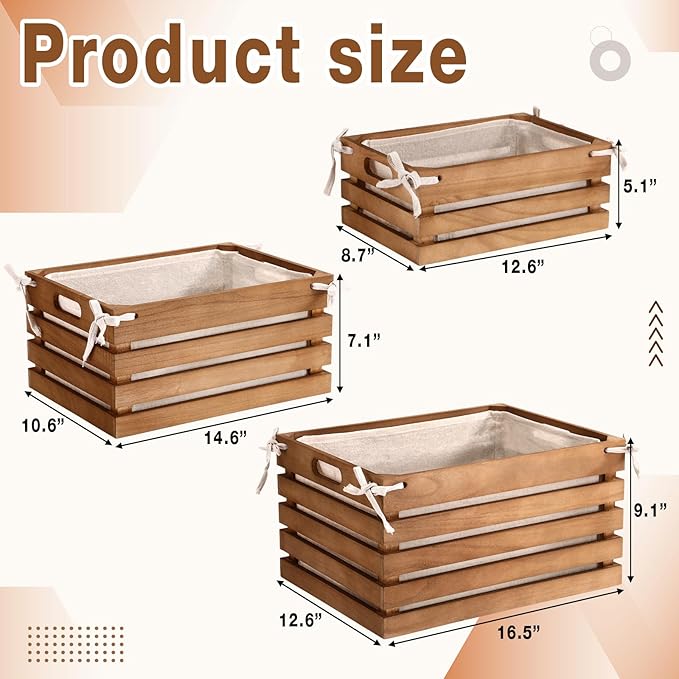 3 Pack Wooden Crates with Liner, Multiple Sizes Wood Crates Decorative Storage Baskets Rustic & Farmhouse Decor for Display Home Pantry Bathroom Cabinets Kitchen Laundry Room Organizing