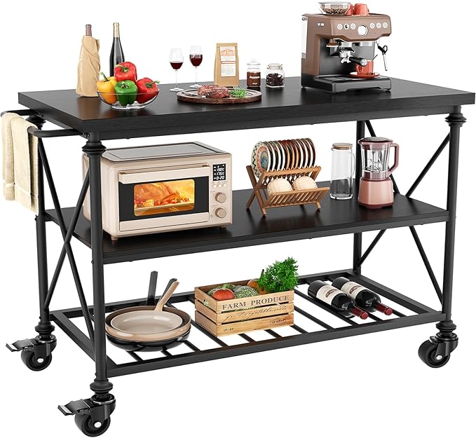 Homieasy Kitchen Island Cart with Wheels, 3-Tier Wood and Metal Rolling Kitchen Island Table with Pipe Legs, Storage Shelves & Lockable Casters for Kitchen Dining Room, Black