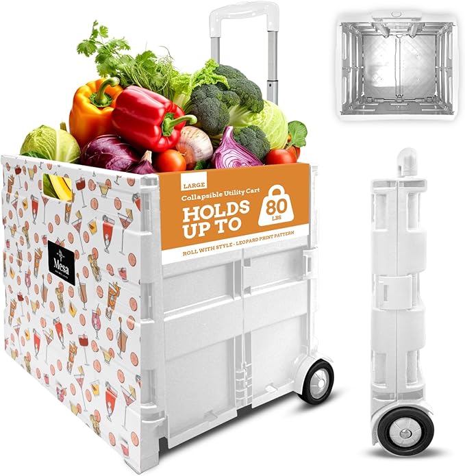 Inspired Living Ultra-Slim Rolling Collapsible Storage Pack-N-Roll Utility-carts, with Telescopic Handle, for Home, Garden, Shopping, Office, School use, Large, White, Cocktail Print