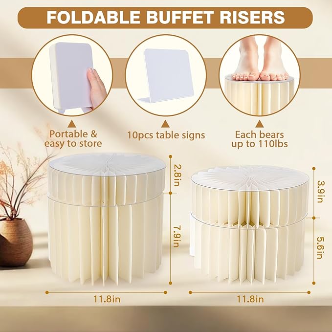 Buffet Risers, 11.8in Large Foldable Display Stand Food Risers for Buffet Table, Dessert Table Display Set with Mini Signs, White Cardboard Cylinder Display Stands Risers for Cake Jewelry Figure Party