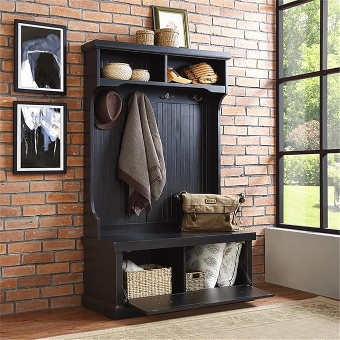 Pemberly Row Tall Entryway Hall Tree with Storage Bench in Distressed Black