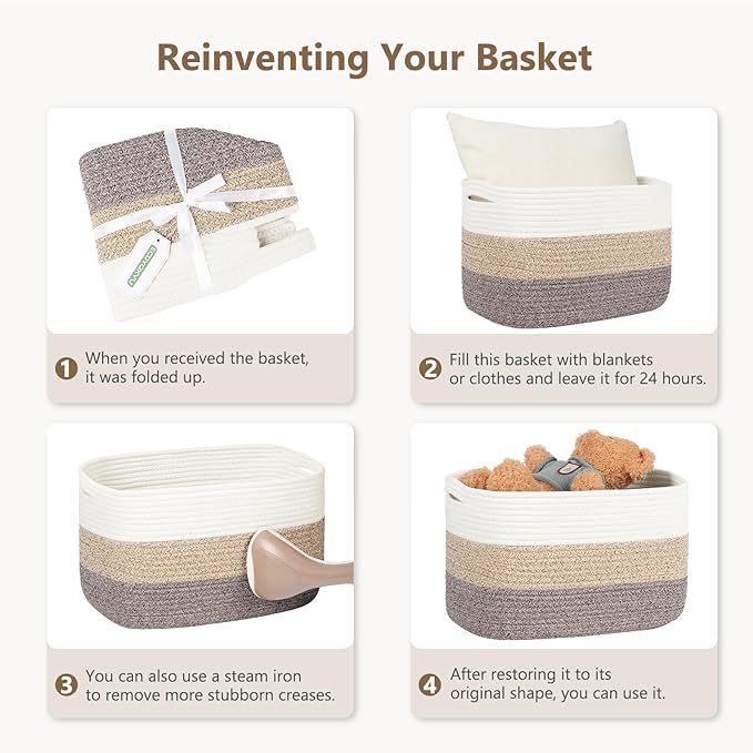 Cotton Rope Basket, Storage Baskets with Handle, 15x10x9 Inch Woven Basket for Shelves, Laundry, Towels, Clothes, Books (White/Blue 3Pack)