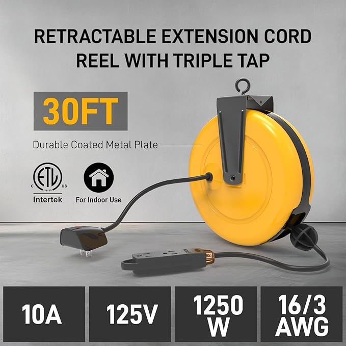 30Ft Retractable Extension Cord Reel, Ceiling/Wall Mount 16/3 Gauge SJTW Power Cord with 3 Outlets Triple Tap for Garage, Shop, 10 Amp Circuit Breaker, Durable Coated Metal Plate, ETL Listed