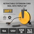 30Ft Retractable Extension Cord Reel, Ceiling/Wall Mount 16/3 Gauge SJTW Power Cord with 3 Outlets Triple Tap for Garage, Shop, 10 Amp Circuit Breaker, Durable Coated Metal Plate, ETL Listed