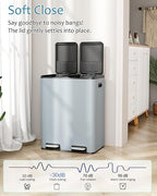 16 Gal (2 x 30 L) Dual Trash Can, Stainless Steel Kitchen Garbage Bin, Recycle Dustbin with Odor Control Box, Soft-Close Lid, Inner Buckets, Side Handle, Step Pedal, for Home Office