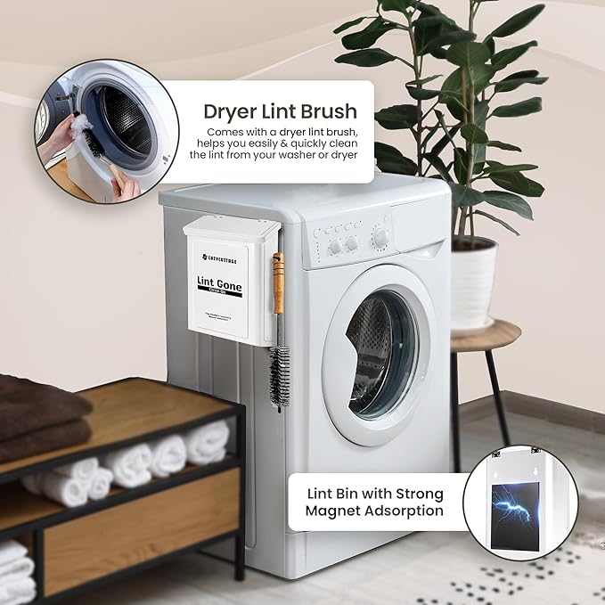 COZYCOTTAGE Magnetic Lint Bin for Laundry Room, Wall Mounted Metal Lint Box Holder Trash Can with Lid for Dryer, Storage Decor with Dryer Lint Basket for Laundry Room Organization, White
