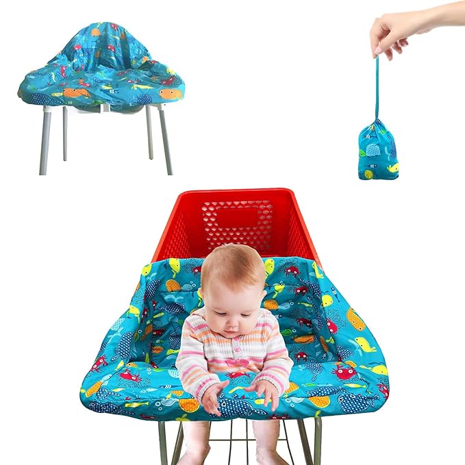 Pozico Baby Shopping Cart Cover & High Chair Cover – Machine Washable, Grocery Cart Cover with Portable Cloth Bag Included, Underwater World Blue Design