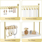 Jewelry Tower Necklace Holder Organizer – 3-Tier Jewelry Display Rack with Storage Tray – Holds 22 Pairs of Earrings, Bracelets, Rings, Necklaces – Gift for Girls & Women, Gold