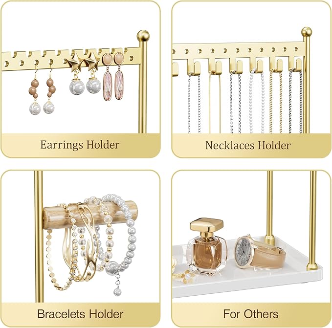 Jewelry Tower Necklace Holder Organizer – 3-Tier Jewelry Display Rack with Storage Tray – Holds 22 Pairs of Earrings, Bracelets, Rings, Necklaces – Gift for Girls & Women, Gold