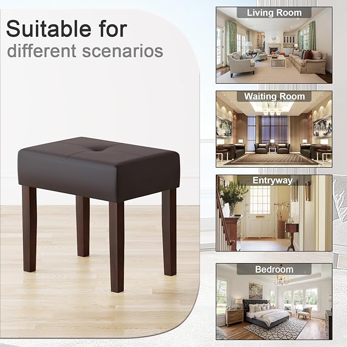 Two Leather Vanity Stools, 18.7 Inch Wide Rectangle Ottoman Bench for Makeup Room, A Set Vanity Chair with Wood Legs for Piano Room, Bedroom,Living Room with Customizable (Cherry)