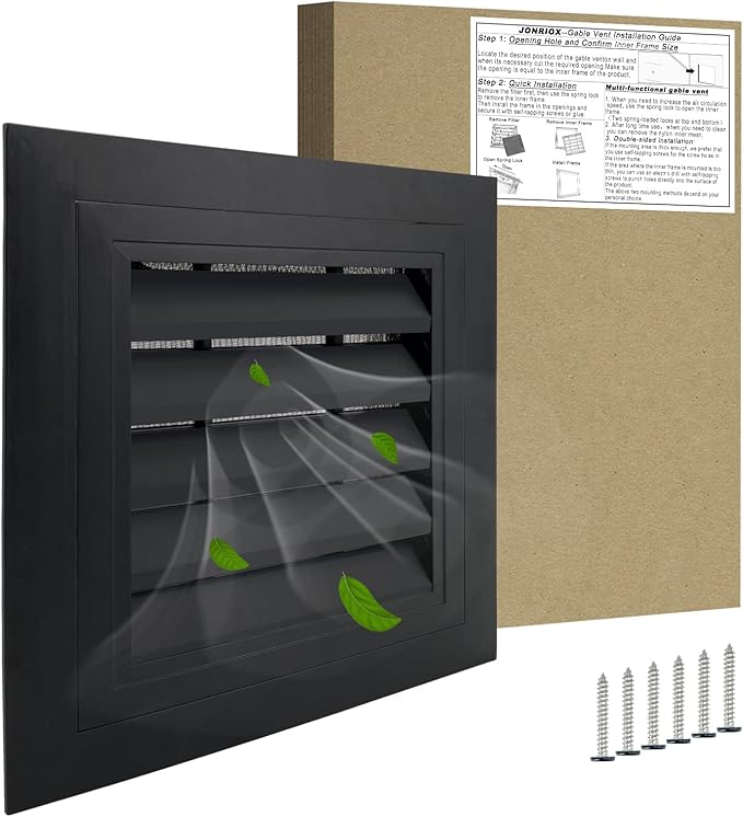 12"*12" Gable Vent,Aluminum Alloy Wall Vent Shed Vents,with Removable Strainer and 180 Degree Opening Angle.Ideal for Attic,Shed,Garage,Play House,Coop.[Inside Dimensions:9.5"w X 9.5"h]-Black 1 Pack