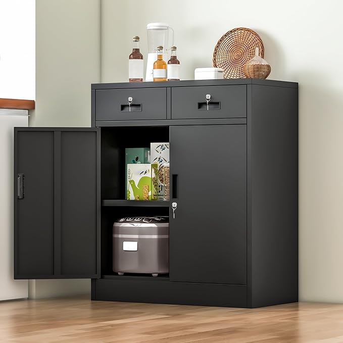 BESFUR Locking Cabinet with 2 Drawers and Lockable Doors, 36" H Black Metal Storage Cabinet with Adjustable Shelf for Home Office, Garage,School, Apartment, Warehouse