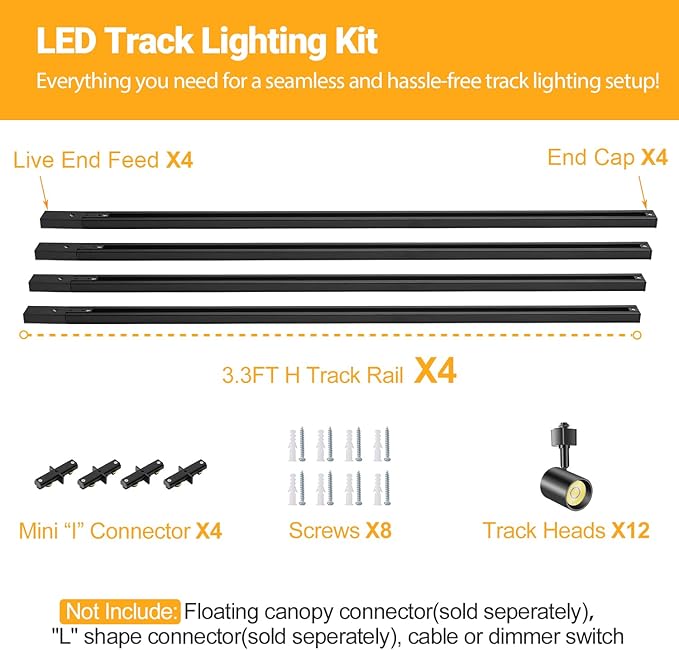 VANoopee 5-Color 12-Light LED Track Lighting Kit with 13FT H Type Track Lighting Rail LED Track Light Heads Dimmable Modern Kitchen Track Lighting Fixtures Ceiling Spotlight, CRI90+ 10W 800lm Black