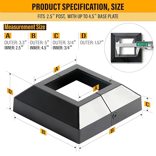 2.5"x2.5"（Actual: 2.5"x 2.5"） Deck Post Base Cover Decorative Post Base Trim Skirt Black Aluminum 12Pack