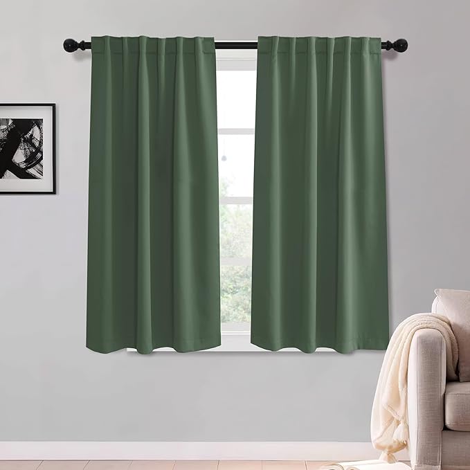 KGORGE Room Darkening Curtains 54 inch Length, Privacy Thermal Insulated Noise Reducing Small Window Treatments for Bedroom Living Room, Back Tab, 2 Panels, W52 x L54 inches, Dark Green