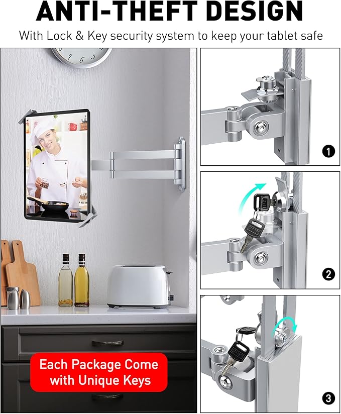 AboveTEK Tablet Wall Mount - 360° Rotation Tablet Holder Stand with Extension Arm, Anti-Theft Kitchen Mount Fits 7"-11" Tablets Including iPad Pro/Air/Mini, Galaxy Tab - Security Lock & Key - (Silver)