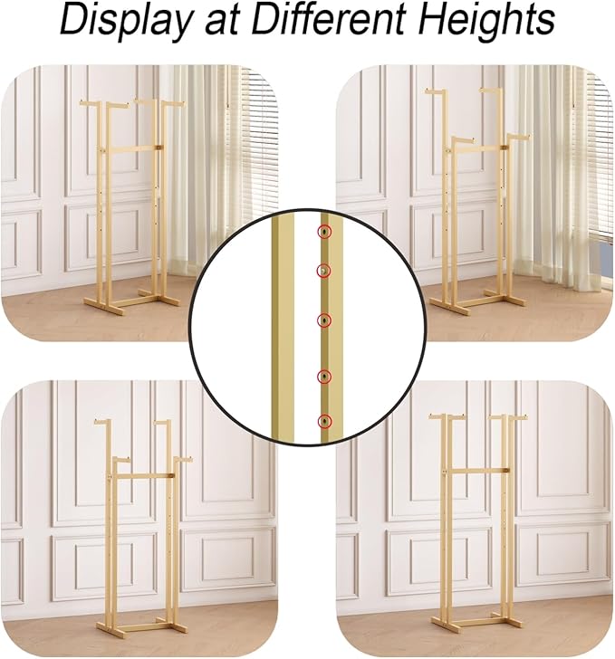 Gold Clothing Racks, Metal Clothes Rack with 4 Straight Arms, Freestanding Garment Rack for Hanging Clothes Heavy Duty, 46" to 63" Adjustable Height Retail Clothing Rack for Boutiques Display