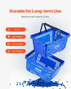 VEVOR 12 PCS Shopping Basket, 16.73 x 11.61 x 8.86 inch Durable Plastic Grocery Basket with Stand & Handle, 24L Portable Shop Basket Bulk, Idea for Retail Store Supermarket Grocery Shopping, Blue