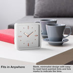 Driini Modern Mid Century Desk & Shelf Clock (White Rose Gold) - Battery Operated with Silent, Analog Movement – Small Tabletop Clocks for Office – Perfect for Mantle, End Table, Desktop or Nightstand