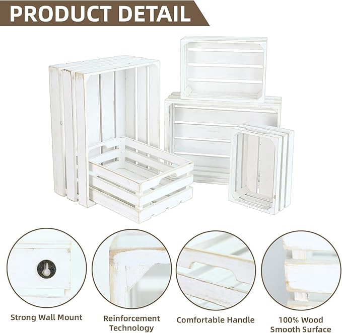 Large Wooden Crates, Set of 5 Wood Crates with Handles, Rustic Whitewashed Farmhouse Wooden Crate for Display, Wedding Birthday Home Party Living Room Kitchen Decoration
