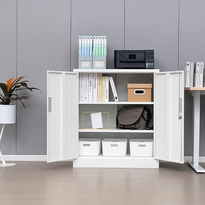 Metal Storage Cabinet, 36" H Locking Storage Cabinet with 2 Adjustable Shelves for Garage, Home, Office, Utility Room-White