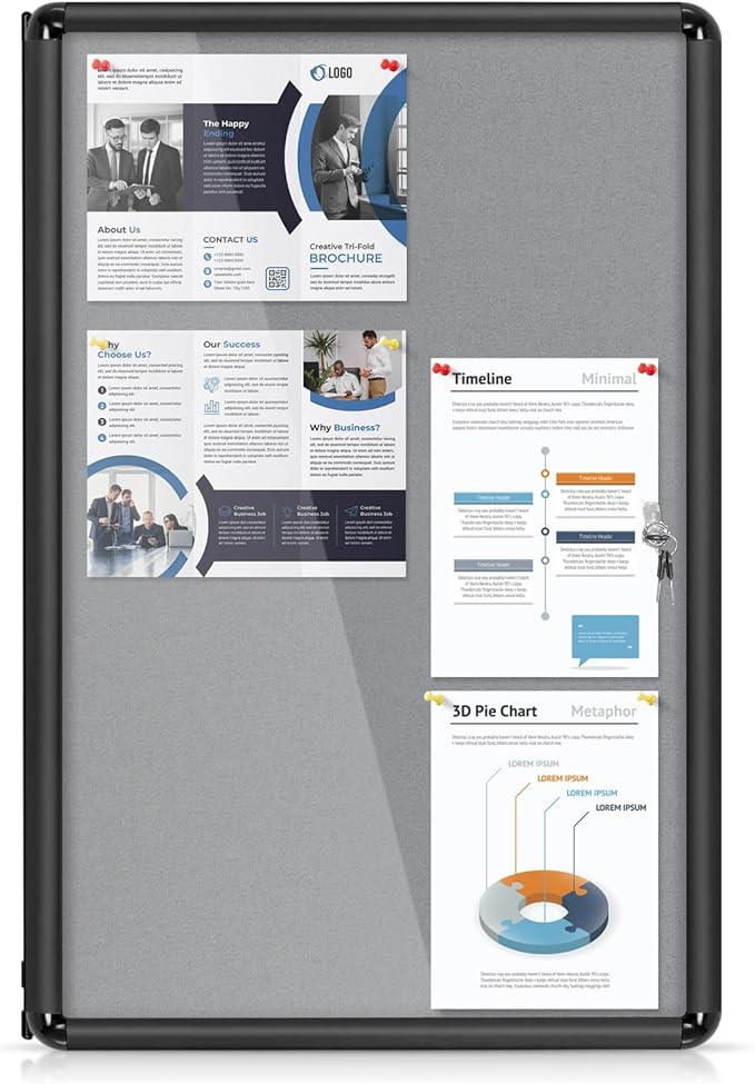 Enclosed Bulletin Board 36x24 in, Lockable Felt Board Bulletin Board for Office School Home Commercial, Tamperproof and Shatter Resistant, Black Aluminum Frame, Grey Felt
