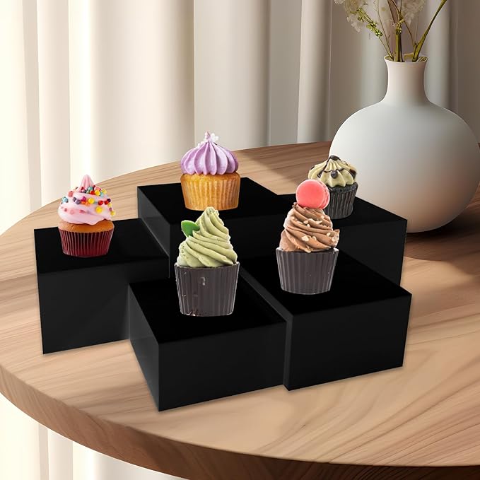 8 Pack Acrylic Risers for Display - Nesting Cubes Hollow Bottoms Stand - Black
