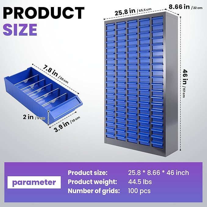 100 Drawers Alloy Steel Nut and Bolt Organizer, Parts Cabinet with Adjustable Shelves and Label Stickers, Bolt Organizer for Nuts Bolts Parts Screws Small Items (100 Drawers)