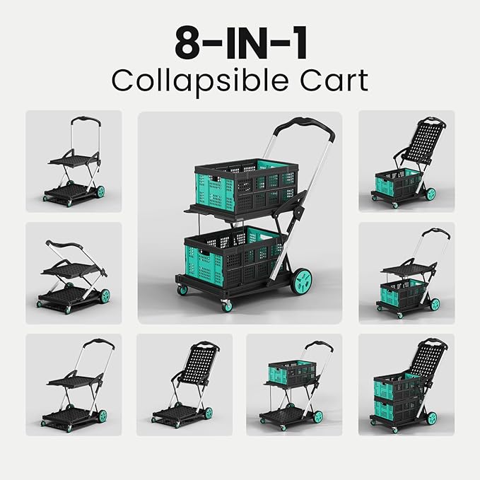 Collapsible Shopping Cart with Wheels, 200 LBS Capacity Grocery Carts with 2 Storage Crate,8-in-1 Grocery Cart on Wheels, Foldable Shopping Carts Platform Hand Truck with Foot Brake, Blue