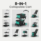 Collapsible Shopping Cart with Wheels, 200 LBS Capacity Grocery Carts with 2 Storage Crate,8-in-1 Grocery Cart on Wheels, Foldable Shopping Carts Platform Hand Truck with Foot Brake, Blue