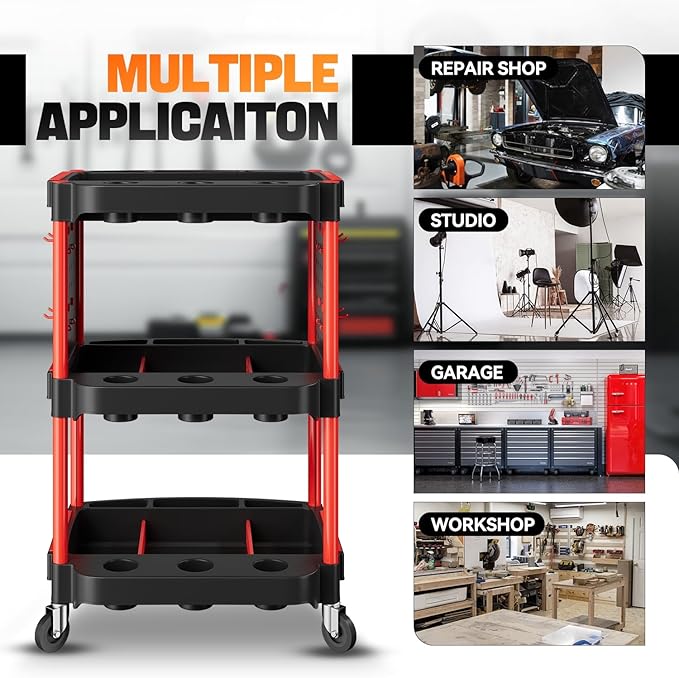Auto Dynasty 3-Tier Rolling Cart Trolley Detailing Cart with 9 Cup Holders and 2 Pegboards 120 kg/260 Lbs Capacity on Wheels Fits Garage, Home, Storage, Warehouse, and Workshop Use, Black/Red
