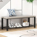 FOLUBAN Entryway Bench, Vintage Wood and Metal Storage Bench with Metal Shelf, Indoor Shoe Rack Bench Seat for Living Room, Bedroom, Hallway, Entrance, Light Grey, 47 Inch