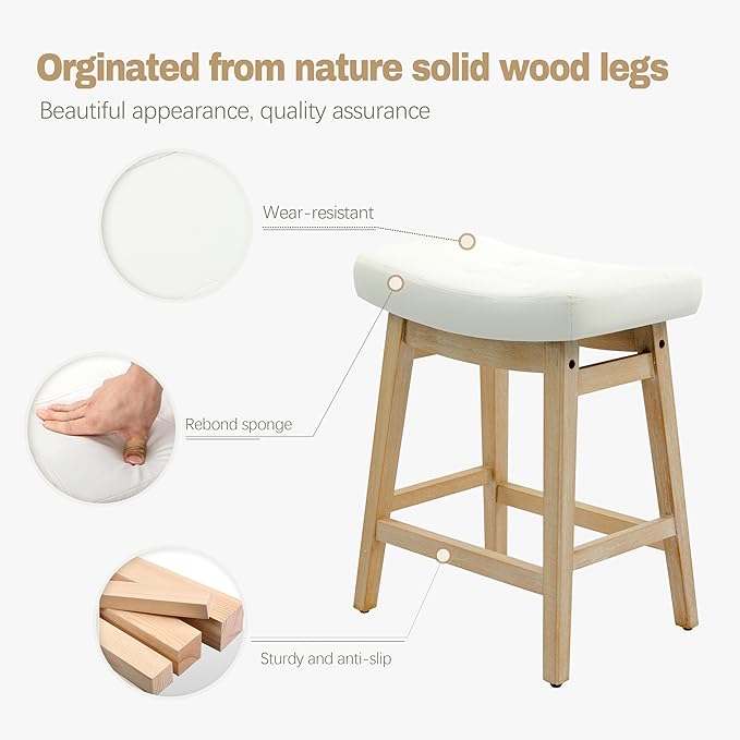 Counter Height Bar Stools Set of 2 for Kitchen Counter Backless Farmhouse Kitchen Island Barstools with Upholstered Faux Leather Saddle Seat and Solid Wood Legs Modern 24 inch Bar Chairs, White