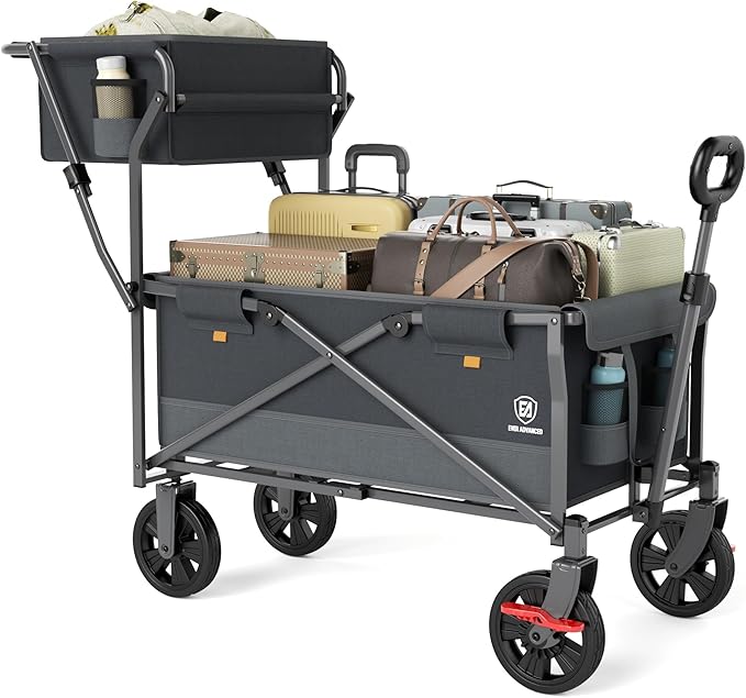 EVER ADVANCED Collapsible Push & Pull Shopping Cart with Wheels & Brakes, Foldable Wagon for Groceries with Practical Basket, Side Pockets & Cup Holders, Beach Utility Rolling Cart for Camping, Grey