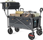 EVER ADVANCED Collapsible Push & Pull Shopping Cart with Wheels & Brakes, Foldable Wagon for Groceries with Practical Basket, Side Pockets & Cup Holders, Beach Utility Rolling Cart for Camping, Grey