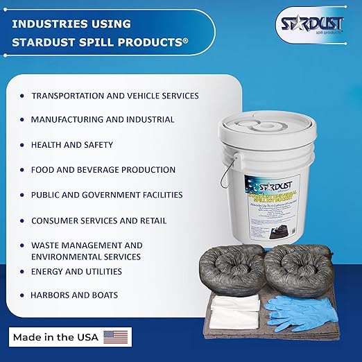 STARDUST Spill Products D905U Universal Spill Kit OSHA Approved - Portable Bucket (15) Universal Sorbent Pads, (2) 3"x4' Absorbent Socks, (4) Disposal Bags & Nitrile Gloves Spill Kit For Fast Response