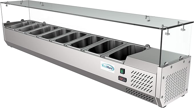 KoolMore SDC-8P-SG Condiment Prep Rail Station with Sneeze Guard, 71 Inch, Silver