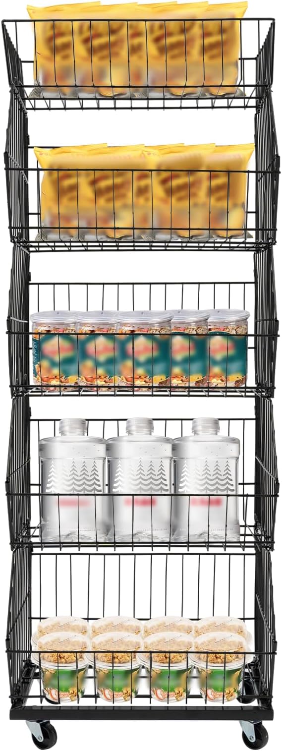 5 Tier Retail Display Rack, Rolling Storage Rack 5 Layers 18.9*17.72*55.12in Metal Display Shelf Fruit Vegetable Snack Basket Storage Supplies for Home Store Market (Black, 48*45*140cm)