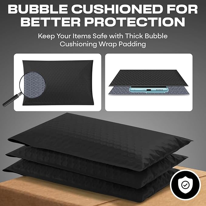 Black 10x13 Inch Poly Bubble Mailers |Self Seal Padded Envelopes for Thick books | Air Cushioned Bubble Mailer | Usable Size 9.5x13 Inch | Waterproof Lightweight Mailing Shipping Bags | 100 Pack Bulk
