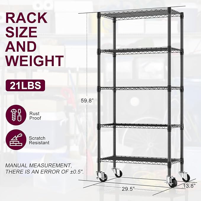 3 Pack 5-Tier Metal Wire Shelving Unit with Wheels & Feet, 14" D x 30" W x 60" H,750 lbs Capacity Adjustable Heavy Duty Steel Wire Rack Storage Shelves for Kitchen, Garage, Pantry
