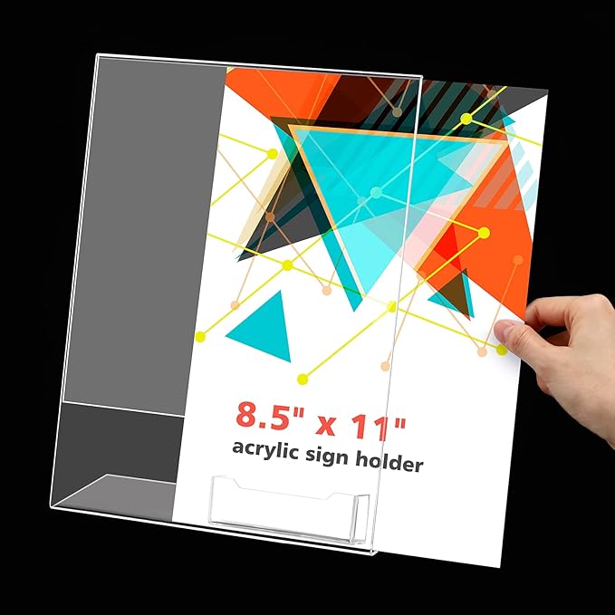 Remerry 12 Pcs Acrylic Sign Holder with Business Card Holder Slanted Paper Stand Clear Brochure Display Stand Heavy Duty Plastic Signs for Office Table Advertisement Flyer (8.5 x 11 Inch)