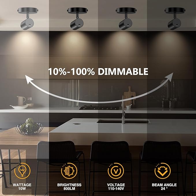 VANoopee 5-Color Dimmable Ceiling Spotlight Flush Mount Adjustable Directional LED Spot Lights Indoor Bright Accent Fixture for Art Picture Living Room - CRI90 24° Flicker Free 10W 800lm Black 2 Pack
