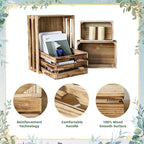 Large Wooden Crates Set of 4 Decorative Storage Box with Handles, Rustic Torched Brown Farmhouse Wooden Crates for Display, Organizer Container Baskets Box for Kitchen, Pantry, Bedroom