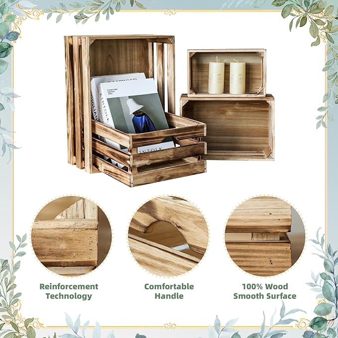 Large Wooden Crates Set of 4 Decorative Storage Box with Handles, Rustic Torched Brown Farmhouse Wooden Crates for Display, Organizer Container Baskets Box for Kitchen, Pantry, Bedroom