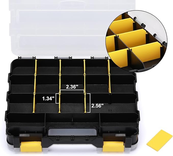 Mayouko Double Side Tools Organizer, Customizable Removable Plastic Dividers, Hardware Box Storage, Small Parts Organizer, 34-Compartment, Black/Yellow