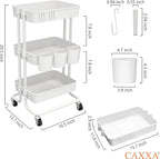 CAXXA 3-Tier Rolling Storage Organizer with 3 Small Baskets - Mobile Utility Cart with Caster Wheels (White)